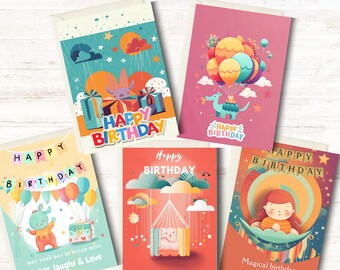 Children's Birthday Cards, Whimsical Children's Birthday Card Set | Assorted (set of 5 Cards) Kids Birthday Card Set | Blank Inside