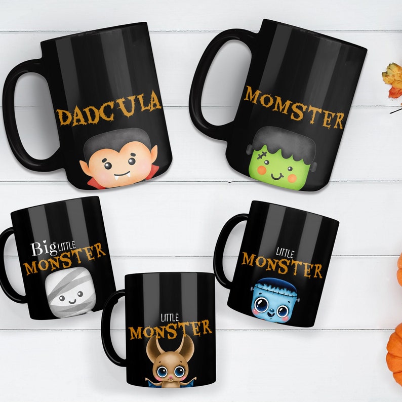 Custom Halloween Family Mugs, Dadcula and Momster with their Little Monsters, Halloween mugs for the family, Ceramic mug, Cute Halloween image 1