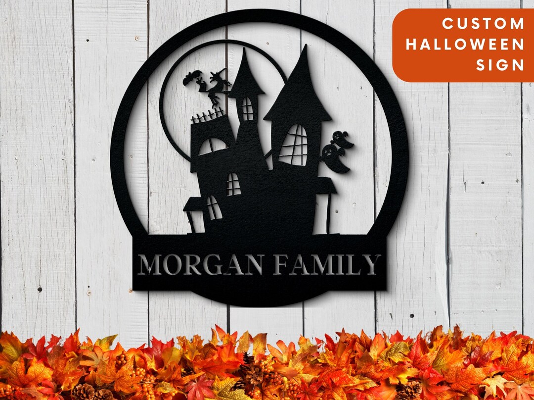 Personalized Halloween Metal Sign, Moonlit Haunted Mansion, Fall Decor