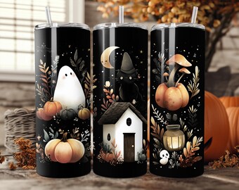 Ghost Black Cat and Pumpkin Cottagecore Halloween Cup, 20z Skinny Tumbler with Straw, Autumn Fall Aesthetic Drinkware, Spooky Season Decor