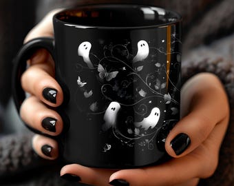 Taza de Halloween con fantasma y mariposas, minimalista, taza de café gótica, decoración otoñal espeluznante, regalo de estética de bruja