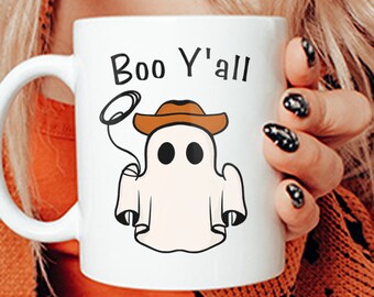 Boo Ya'll Country Style Mug, Halloween Country Mug, Cute Cowgirl Ghost: Western Hauntings Design, Western Halloween Coffee Cup, Ghost Mug