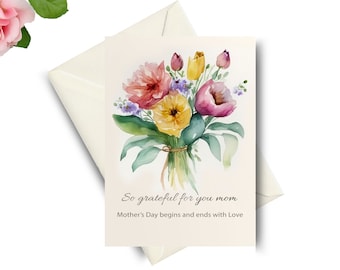 Mother's Day Card, So Grateful For You Mom, Flower Card, New Mom, Gift For Mom, Gift For Grandma, Blank Inside