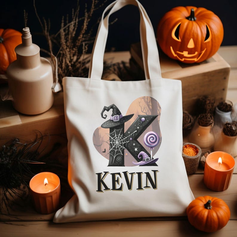 Sac fourre-tout d'Halloween personnalisé, sac Monogramme personnalisé pour des friandises ou des bonbons, couleurs du sac noir et naturel, chauves-souris, cadeau d'Halloween pour les enfants, citrouilles image 8