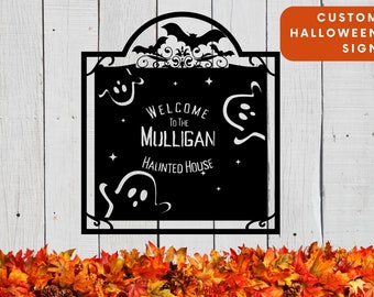 Personalized Haunted Ghost Sign, Halloween Family Name Sign, Custom Halloween Sign, Door Hangers, Ghost Decorations, Metal Sign Decor