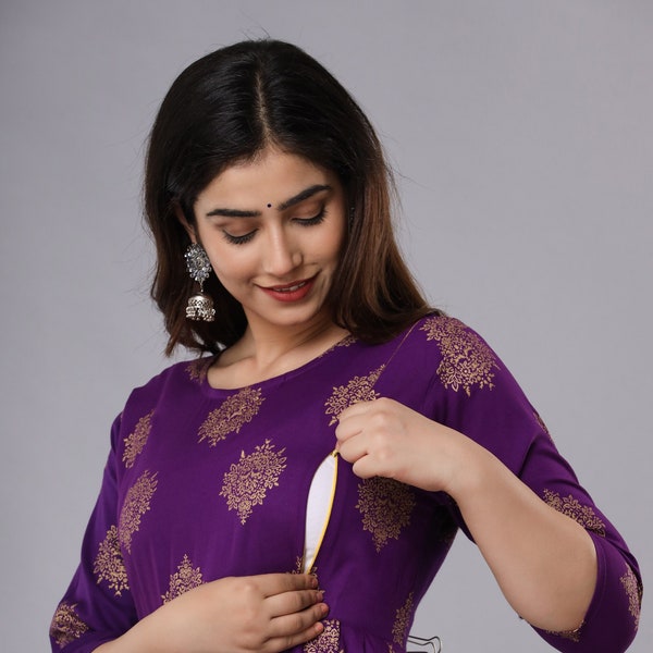 Women's Anarkali Feeding Kurti for Easy Breast Feeding with Zippers