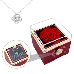 Collar Rosa Eterna Caja de Regalo Giratoria, Rosa Roja Preservada con para Mi Amor, Regalo Esposa, Novia, Perdón, Collar Perdonar
