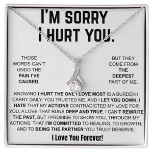 May include: A silver-toned pendant necklace with a sparkling, clear crystal pendant. The necklace is displayed on a white card with the text "I'm Sorry I Hurt You" and a heartfelt message. A thoughtful gift.