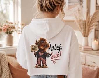 Mondays Suck Highland Cow Character crop hoodie | Retro cowgirl-illustratie