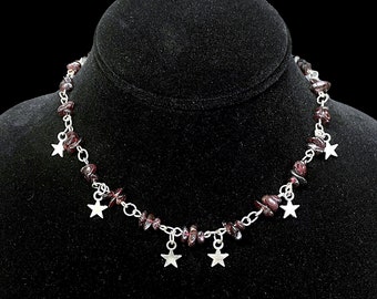 Garnet Crystal Silver Star Charm Choker Necklace Handmade Fantasy Dark Celestial Fairy Goth Vampire Unique Alternative Jewelry