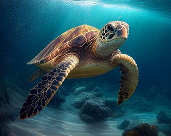 Turtle Wall Art · Green Turtle Digital Art · Ai Art Of A Loggerhead Turtle In The Ocean · Turtle Invitation Art · Turtle Home Decor