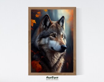 Printable Majestic Wolf Wall Art · Autumnal Forest Scene · AI-Generated Digital Art · Ideal for Invitations & Animal-Inspired Home Decor