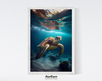 Printable Turtle Wall Art · Vibrant Green Loggerhead Turtle · AI-Generated Digital Illustration · Perfect for Invitations & Home Decor