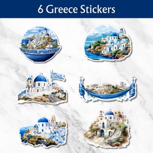 Grèce Autocollants imperméables die-cut set 2, résistant à l’eau, décalcomanie pour ordinateur portable, décalcomanie de bouteille d’eau, journaux, ensemble d’autocollants, autocollants sur le thème grec