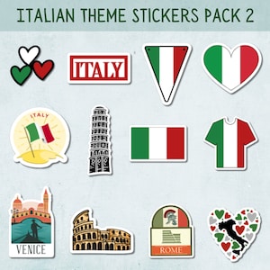 Conjunto de 2 adesivos cortados à prova d'água da Itália, resistente à água, decalque para laptop, decalque para garrafa de água, diários, conjunto de adesivos, adesivos temáticos italianos