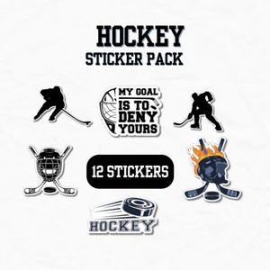 Hockey Sticker Pack – 12 Waterproof Vinyl Stickers | 2” & 3” Sizes | Sports Lover Gift | Laptop, Water Bottle, Journal, Cars