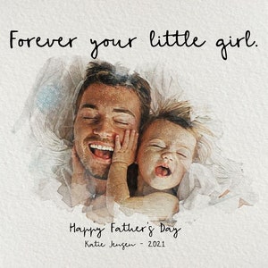 Op de afbeelding: Een aquarel-illustratie van een vader en dochter die samen lachen. De afbeelding is omgeven door een witte rand en de tekst "Forever your little girl." staat bovenaan. De tekst "Happy Father's Day" en "Katie Jensen - 2021" staat onderaan.