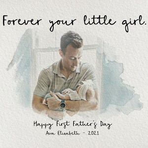 Op de afbeelding: Een aquarel-illustratie van een vader die een babymeisje vasthoudt. De tekst luidt "Forever your little girl. Happy First Father's Day Ava Elizabeth - 2021."