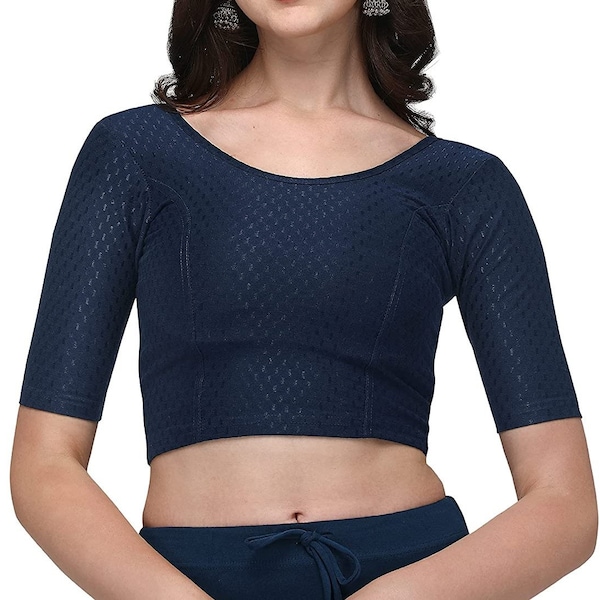 Navy Blue Round Neck Dobby Cotton Lycra Stretchable Elbow Sleeve Readymade Blouse for Women / Indian Saree Blouse / Bollywood Sari Blouse