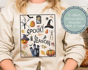 ハロウィンシャツの不気味な季節、コラージュTシャツ、スウェットシャツ、またはパーカーは、この恐ろしく不気味な秋の季節にぴったり。ギフトに最適です。