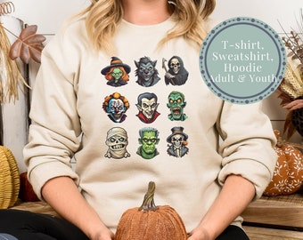 ハロウィンシャツの定番柄、Tシャツ、スウェットシャツ、パーカー。秋の怖い不気味な季節にぴったりのギフトアイデアです。