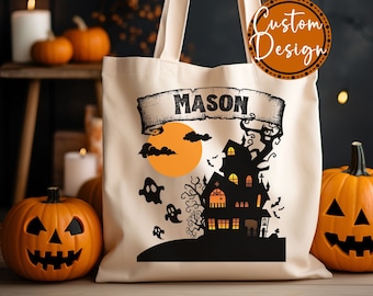Personalized Halloween Tote Bag, Custom Trick Or Treat Tote Bag, Halloween Bags for Kids, Candy Tote Bags Halloween