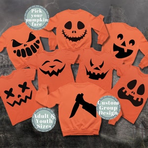 Halloween-groepsshirt pompoen gezichten, T-shirt of sweater, Jack-o-lantern gepersonaliseerd, bijpassende shirts familieteam groepsleraar