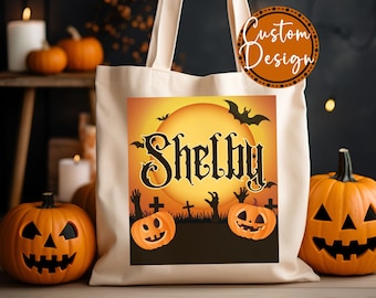 Personalized Halloween Tote Bag, Custom Trick Or Treat Tote Bag, Halloween Bags for Kids, Candy Tote Bags Halloween