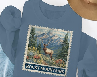 Rocky Mountains Elch Briefmarken T-Shirt: Komfort Farben Vintage Natur Tee