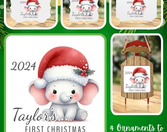 May include: Four different ornament designs featuring a cute cartoon elephant wearing a Santa hat. The ornaments are personalised with the text "2024 Taylor's First Christmas".