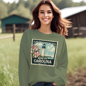 North Carolina Lighthouse Tee: Floral Stamp Style NC Gift