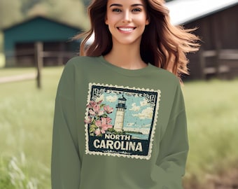 North Carolina Lighthouse Tee: Floral Stamp Style NC Gift