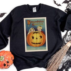 Halloween Shirt Vintage Card, Kids and Pumpkin Sweatshirt or T shirt, Scary Spooky Season, Funny Halloween Tee, Fall Gift Shirt