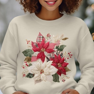 T-shirt eller sweatshirt med broderi och blommigt mönster: Julstjärna, Festlig, Patchwork, Julstjärnor T-shirt med sweatshirt