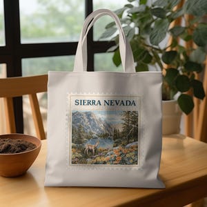 Sierra Nevada Tote Bag, Vintage Stamp Design, Deer and Mountain Art, Nature Lover Gift, Scenic Tote Bag, Illustrated Tote Bag