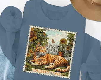 Tabby Cat with Sunflowers T-Shirt: Vintage Stamp Style