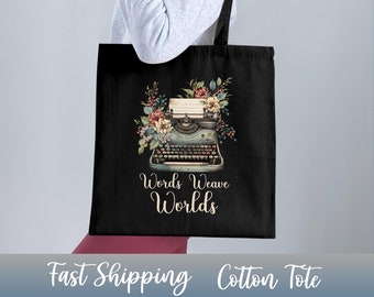 Floral Vintage Typewriter Tote Bag, for Writer's or Authors, Book Lover Unique Gift Bag, Reusable Grocery or Market Bag, Eco Friendly