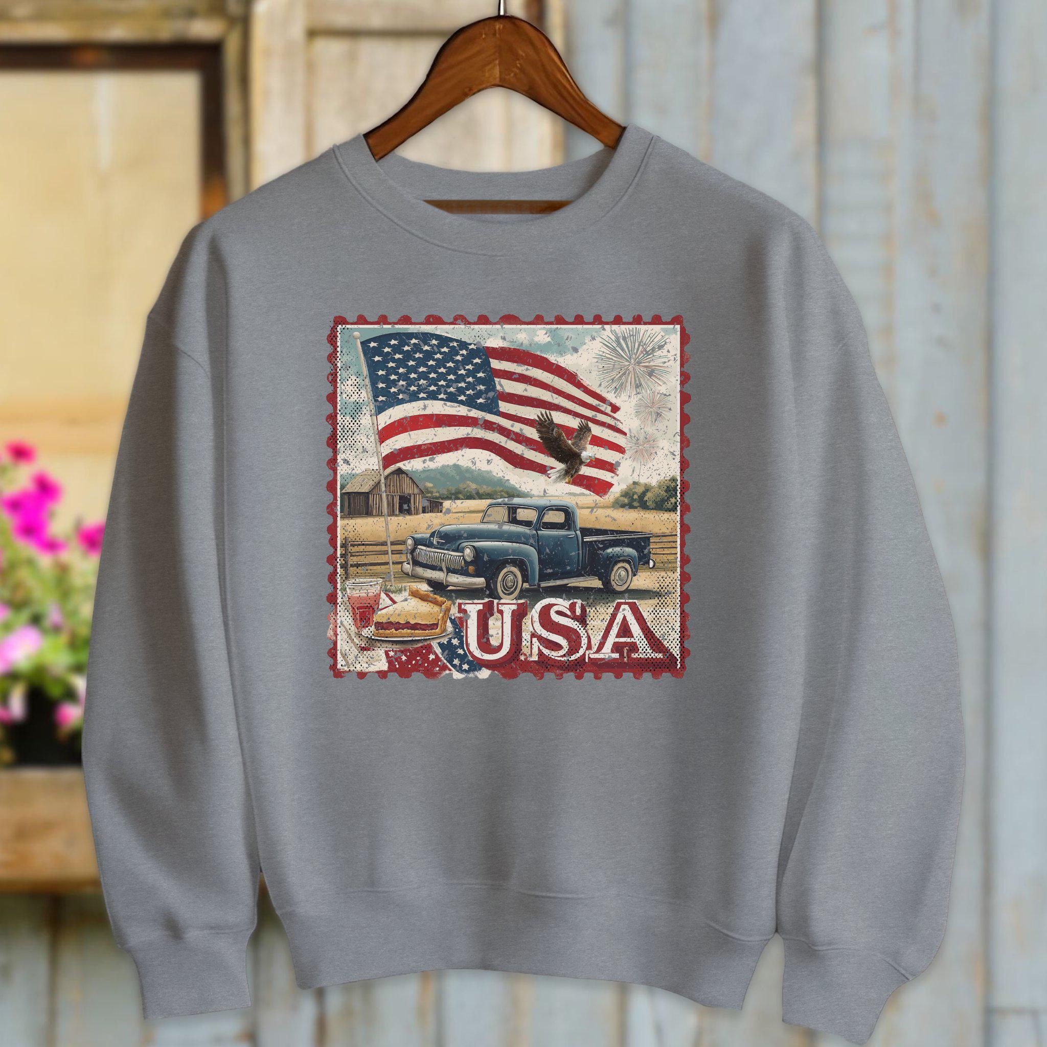 ヴィンテージアメリカ国旗Tシャツ：愛国的なイーグルトラックデザイン 