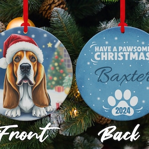 Cute Basset Hound Dog Wearing Santa Hat Round Aluminum Ornament, Christmas Tree Holiday Decorations, Festive Gift Idea for Dog Lovers