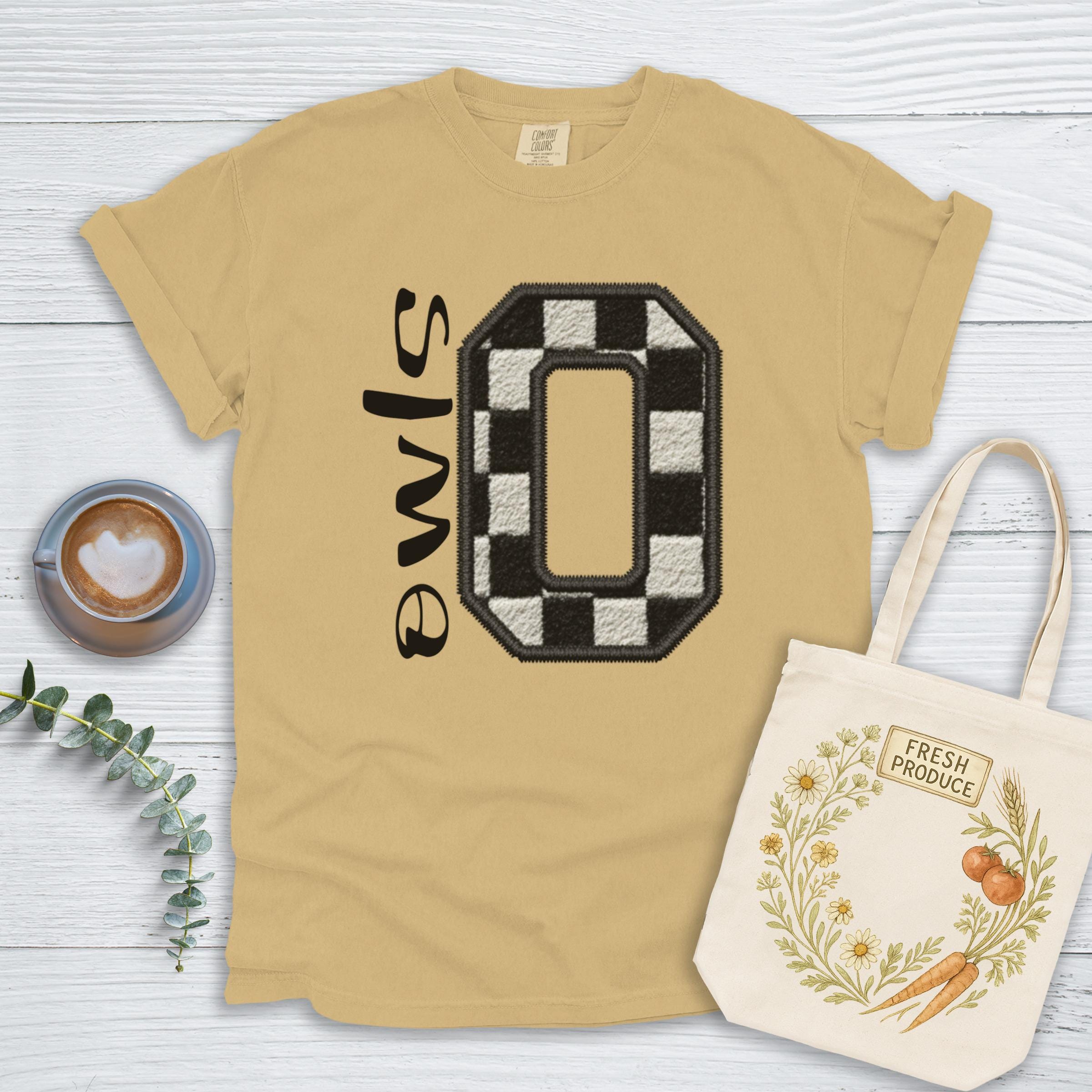 Faux Embroidery Owls T-Shirt: Checkerboard Letter O, School Spirit