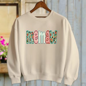 T-shirt of sweater van Memaw met imitatieborduurwerk | T-shirt vintage stijl comfort kleuren| Schattig Memaw-sweater voor dames | Memaw-cadeau-idee