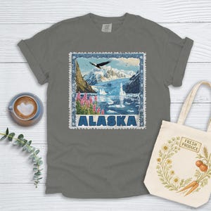 Alaska T-Shirt: Vintage Stamp Eagle Glacier Design
