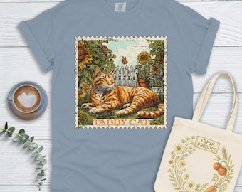 Tabby Cat with Sunflowers T-Shirt: Vintage Stamp Style