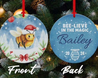 Christmas Bee Ornament, Round Aluminum Ornament, Cute Bee with Santa Hat, Holiday Decor for Tree, Festive Ornament, Bee Lovers Gift