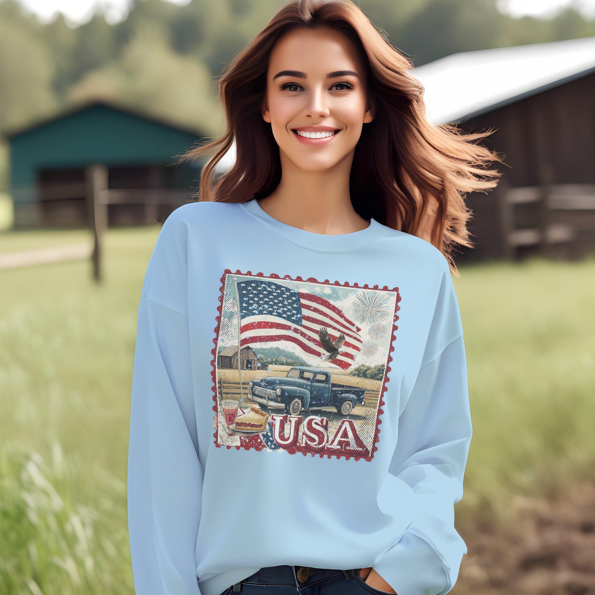 ヴィンテージアメリカ国旗Tシャツ：愛国的なイーグルトラックデザイン 