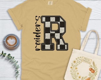 Letter R Raiders T-Shirt: Varsity Checkered Patch, Faux Embroidery