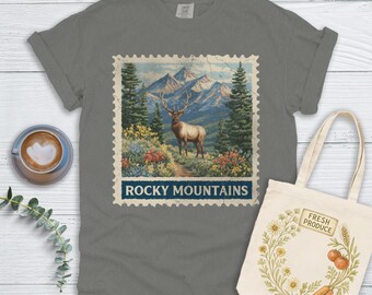 Rocky Mountains Elch Briefmarken T-Shirt: Komfort Farben Vintage Natur Tee