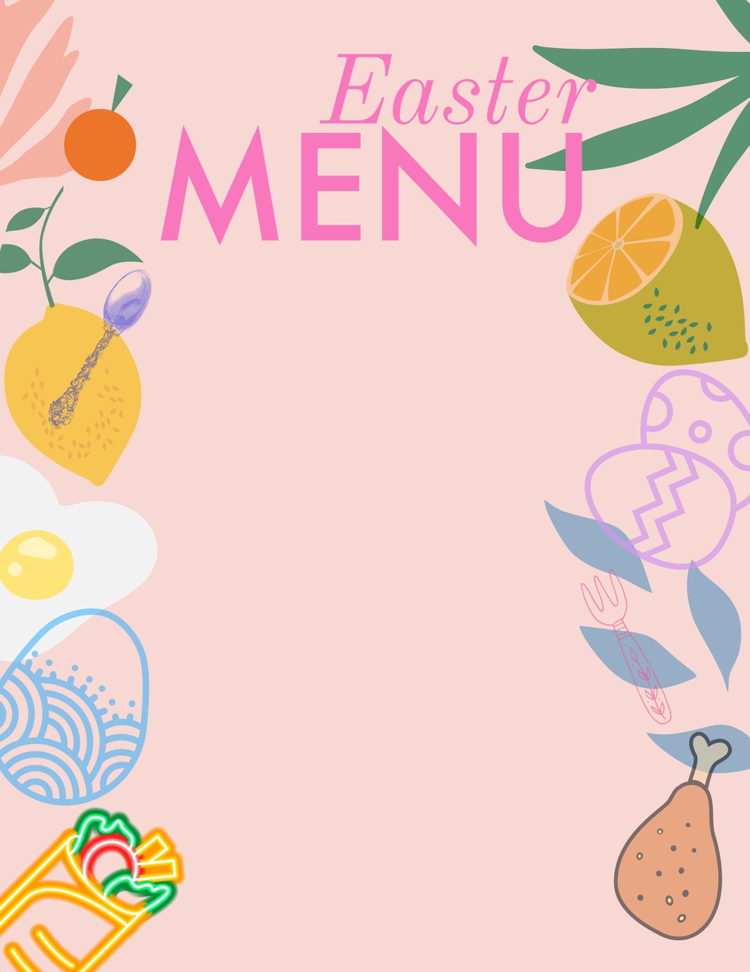Easter Meal Menu Template / Digital POD print on Demand Wall Art, Menu, Digital Wallpaper, Etc