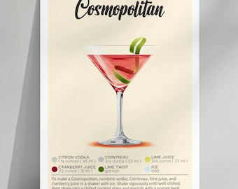 Cosmopolitan Cocktail Recipe Print: Chic Bar Art (Digital Download 5x7 PNG & PDF)