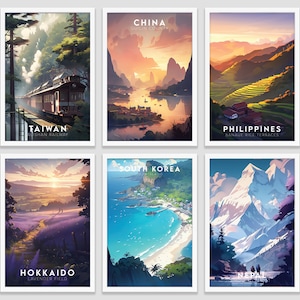 Set of 6 Colorful Asia Landmark Art Prints | Travel Poster Home Decor | Landmark Gallery Wall Art | Digital Download Printable Gift Set